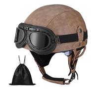 Casque de Moto Vintage Cuir Retro Scooter Open Face Demi-Casque avec Lunettes Certifié ECE pour Homme et Femme Adultes - Sac de Rangement Inclus