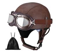 Casque de Moto Vintage Cuir Retro Scooter Open Face Demi-Casque avec Lunettes Certifié ECE pour Homme et Femme Adultes - Sac de Rangement Inclus