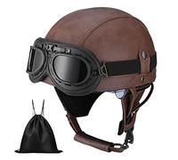 Casque de Moto Vintage Cuir Retro Vintage Scooter Open Face Demi Casque de Cuir avec Lunettes Certifié ECE Bols pour Homme et Femme Adultes Demi-Casques avec Sac de Rangement