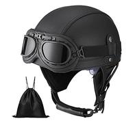 Casque de Moto Vintage Cuir Retro Vintage Scooter Open Face Demi Casque de Cuir avec Lunettes Certifié ECE Bols pour Homme et Femme Adultes Demi-Casques avec Sac de Rangement