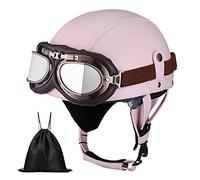 Casque de Moto Vintage Cuir Retro Vintage Scooter Open Face Demi Cuir avec visière Lunettes ECE Bols pour Homme et Femme Adultes Demi-Casques avec Sac de Rangement