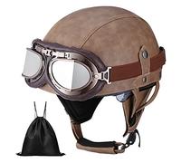 Casque de Moto Vintage Cuir Retro Vintage Scooter Open Face Demi Cuir avec visière Lunettes ECE Bols pour Homme et Femme Adultes Demi-Casques avec Sac de Rangement