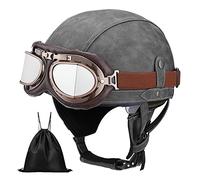 Casque de Moto Vintage Cuir Retro Vintage Scooter Open Face Demi Cuir avec visière Lunettes ECE Bols pour Homme et Femme Adultes Demi-Casques avec Sac de Rangement