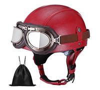 Casque de Moto Vintage Cuir Retro Vintage Scooter Open Face Demi Cuir avec visière Lunettes ECE Bols pour Homme et Femme Adultes Demi-Casques avec Sac de Rangement