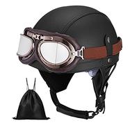 Casque de Moto Vintage Cuir Retro Vintage Scooter Open Face Demi Cuir avec visière Lunettes ECE Bols pour Homme et Femme Adultes Demi-Casques avec Sac de Rangement