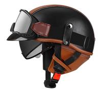 Casque de Moto Vintage Cuir Retro Vintage Scooter Open Face Demi Cuir avec visière Lunettes ECE Bols pour Homme et Femme Adultes Demi-Casques avec Sac de Rangement