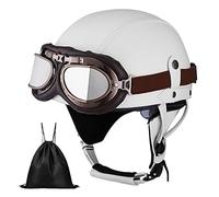 Casque de Moto Vintage Cuir Retro Vintage Scooter Open Face Demi Cuir avec visière Lunettes ECE Bols pour Homme et Femme Adultes Demi-Casques avec Sac de Rangement