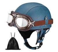 Casque de Moto Vintage Cuir Retro Vintage Scooter Open Face Demi Cuir avec visière Lunettes ECE Bols pour Homme et Femme Adultes Demi-Casques avec Sac de Rangement