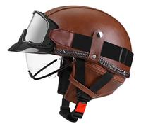 Casque de Moto Vintage Cuir Retro Vintage Scooter Open Face Demi Cuir avec visière Lunettes ECE Bols pour Homme et Femme Adultes Demi-Casques avec Sac de Rangement