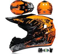 Casque De Motocross Casque Moto Intégral avec Lunettes Gants Masque, Enfant Adulte Casque Cross pour VTT Tout-Terrain Dirt Bike MTB BMX Quad Enduro,Orange-S