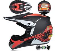 Casque De Motocross Casque Moto Intégral avec Lunettes Gants Masque, Enfant Adulte Casque Cross pour VTT Tout-Terrain Dirt Bike MTB BMX Quad Enduro,Red-S