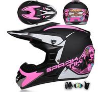 Casque De Motocross Casque Moto Intégral avec Lunettes Gants Masque, Enfant Adulte Casque Cross pour VTT Tout-Terrain Dirt Bike MTB BMX Quad Enduro,Pink-M
