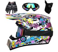 Casque de Motocross pour Jeunes Enfants, BMX, MX, VTT, Tout-Terrain, VTT, 4 Roues, Homologué Dot, avec Gants, Lunettes, Masque, Ensemble de 4 PièCes(S(52-53cm))