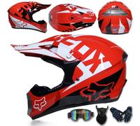 Casque de Motocross Tout-Terrain pour Jeunes, Casque de Moto intégral pour Adultes, VTT, BMX, MX, Descente, Tout-Terrain, avec Lunettes, Gants, Masque,Red-S(52~53cm)