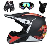 Casque de Motocross VTT, Avec Lunettes, Masque, Gants, Casque de Protection IntéGral Pour Enfants Et Jeunes, Homologué DOT, Ensemble de 4 PièCes(Red ghost head,M(54-55cm))