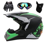 Casque de Motocross VTT, Avec Lunettes, Masque, Gants, Casque de Protection IntéGral Pour Enfants Et Jeunes, Homologué DOT, Ensemble de 4 PièCes(Green ghost head,M(54-55cm))