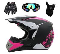 Casque de Motocross VTT, Avec Lunettes, Masque, Gants, Casque de Protection IntéGral Pour Enfants Et Jeunes, Homologué DOT, Ensemble de 4 PièCes(Pink ghost head,S(52-53cm))