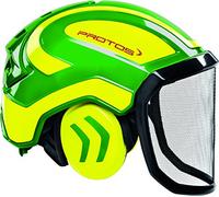 Casque de sécurité Protos avec protection auditive intégrale, équipement : visière fine, couleur : vert/jaune.