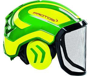 Casque de sécurité Protos avec protection auditive intégrale, équipement : visière fine, couleur : vert/jaune.