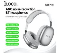 Casque de sport sans fil Bluetooth 5.4, réduction du bruit ANC, casque supra-auriculaire, monté sur la tête pour téléphone intelligent, mode AUX, salle de bain CO W55 Plus noir