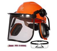 Casque de tronçonneuse avec protection faciale et cache-oreilles - Casque de sécurité pour tronçonneuse - Lunettes anti-buée amovibles