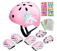 Casque de vélo pour enfant avec équipement de protection, motif licorne rose, avec genouillères, coudières et autocollants décoratifs (rose)