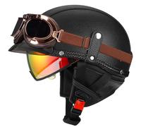 Casque Demi Jet Classique pour Adulte pour Cruisers Motorcycle Casques pour Scooters de Conversion avec visière Lunettes Miroir Cuir PU léger homologué pour la Route Noir L/59-60cm