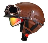 Casque Demi Jet Classique pour Adulte pour Cruisers Motorcycle Casques pour Scooters de Conversion avec visière Lunettes Miroir Cuir PU léger homologué pour la Route Marron XXL/63-64cm