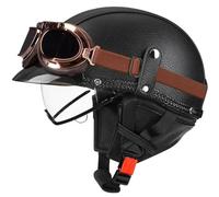 Casque Demi Jet Classique pour Adulte pour Cruisers Motorcycle Casques pour Scooters de Conversion avec visière Lunettes Miroir Cuir PU léger homologué pour la Route Noir L/59-60cm