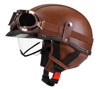 Casque Demi Jet Classique pour Adulte pour Cruisers Motorcycle Casques pour Scooters de Conversion avec visière Lunettes Miroir Cuir PU léger homologué pour la Route Marron XL/61-62cm