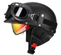 Casque Demi Jet léger avec visière Miroir Couleur thé Lunettes en Cuir PU Vintage pour Moto Scooter Cruiser homologué pour la Route Noir XXL/63-64cm