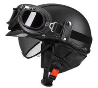 Casque Demi Jet léger avec visière Miroir Couleur thé Lunettes en Cuir PU Vintage pour Moto Scooter Cruiser homologué pour la Route Noir XXL/63-64cm