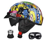 Casque Demi-Jouet Moto À Visage Ouvert Style Allemand - Visière Solaire Rétractable Intégrée, Visor Détachable, avec Lunettes Et Masque De Conduite, ECE/Dot, Unisexe Scooters(A08,XL=59-60CM)