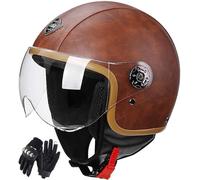 Casque En Cuir Marron 3/4, Casque De Moto Rétro Approuvé Par La CEE Demi-Casque Casque Anti-Collision Pour Vélo Électrique Chopper Casque Adulte Modulaire Casque Jet-Style Unisexe A,XL