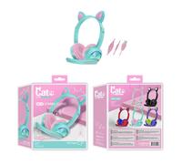 Casque Filaire Stéréo Super Bass Pilotes 40MM écouteur Lumineux Pliable Monté Sur La Tête Mignon Oreille De Chat Casque De Jeu avec Micro,Bleu Clair
