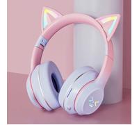 Casque Gaming Fille Oreilles de Chat - Bluetooth SANS FIL pour Smartphone Tablette - Carte SD 8Go - LED RGB - Dégradé Rose Bleu