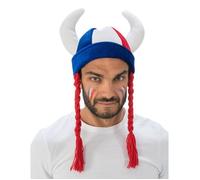 Casque gaulois cornes et tresses bleu blanc rouge - Accessoire déguisement pour adulte