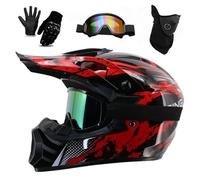 Casque IntéGral de Moto éLectrique Pour Jeunes Adultes, Pour Quad, Bmx, Vtt, Tout-Terrain, Avec Lunettes, Gants, Masque, Homologué DOT(226 bright red storm,M(56-57CM))