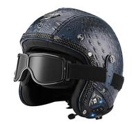 Casque Jet Ouvert Moto Vintage Casques Bols Cuir Bluetooth avec Lunettes Homologué ECEDOT Demi Casque 3/4 Rétro Casques Scooter Portable Homme Et Femme Doublure Amovible J,S:55-56CM