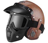 Casque Jet Vintage Open Face Casque de Moto en Cuir avec Lunettes Casque Jet Rétro pour Adultes Hommes Femmes Street Racing Moto Approuvé ECE 1,S