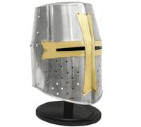 Casque médiéval de croisade en acier de calibre 18 avec croix en laiton | Casque de chevalier portable pour LARP, cosplay, reconstitution | Affichage d'armure de collection avec support