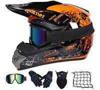 Casque Moto Cross Homme Set, Casque Motocross Intégral, Casque Moto Enfant avec Gants Lunettes Masques Filet de Casque, Casque Moto Cross pour MTB Dirt Bike Quad Enduro ATV - ECE Homologué,Orange-L