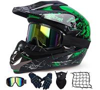 Casque Moto Cross Homme Set, Casque Motocross Intégral, Casque Moto Enfant avec Gants Lunettes Masques Filet de Casque, Casque Moto Cross pour MTB Dirt Bike Quad Enduro ATV - ECE Homologué,Green-XL