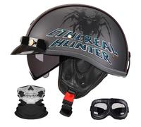 Casque Moto Semi-Ouvert Rétro - Ultra-léger, Lentille Rétractable et Lunettes, Boucle À Dégagement Rapide Multifonction, Unisexe Toute Saison, Certifié ECE/Dot.(9,XL=61~62CM)