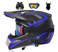 Casque Motocross Bluetooth Avec Lunettes Masque Gants, Casque Moto Cross Integrale Homologué ECE Casque De Descente VTT Endurance Race Casque Moto Pour Femme Homme Adulte Blue,M