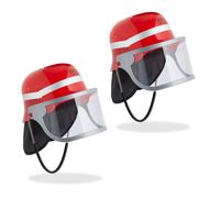 Relaxdays Casque Pompier Enfant, Lot de 2, avec visière, Protection Nuque & Sangle pour Menton, Casque réglable, Pompier, Rouge