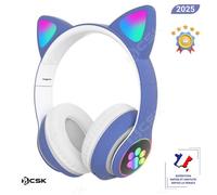 Casque pour enfant BCSK® Bluetooth sans fil avec micro | Oreilles de chat avec lumière LED | Casque audio stéréo pliable - Bleu
