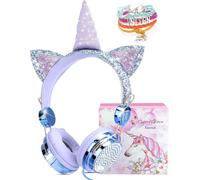 Casque pour enfants,licorne avec strass étincelants pour filles,casque filaire avec bracelet licorne,casque stéréo réglable avec micro et contrôle du volume (bleu fée)