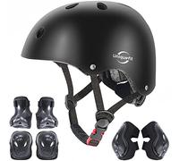 Casque réglable pour Enfants et équipement de Protection Ensemble genouillères coudières protège-Poignets (Noir, M(8-13 Years Old))