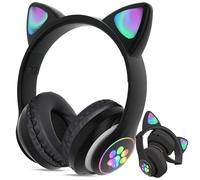 Casque sans fil à LED noir avec oreilles de chat + microphone